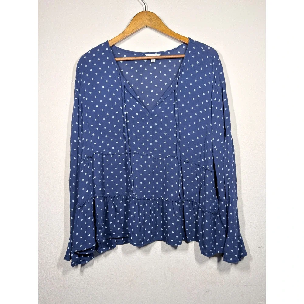 Lucky Brand Navy Blue Polka Dot Tiered Peasant Top Long Sleeve XL Boho Blouse - Picture 2 of 8